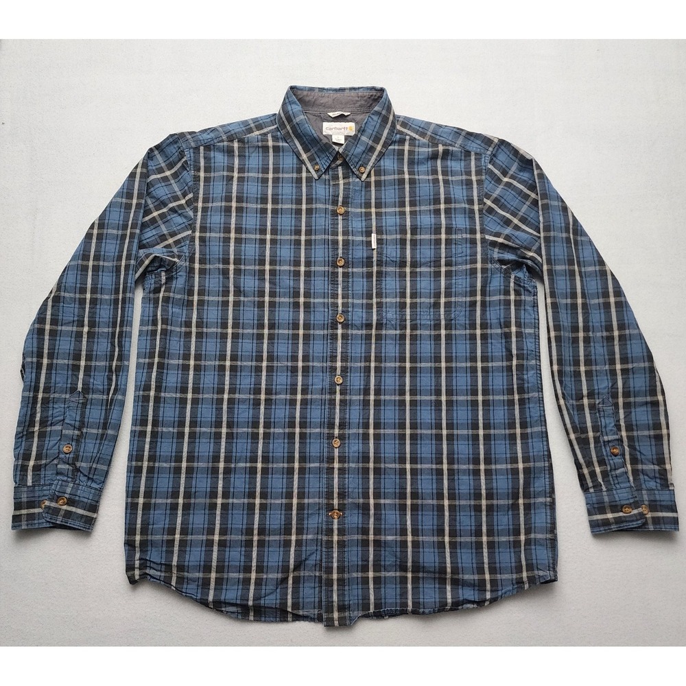 Carhartt Heavyweight Flannel Shirt Men's L Relaxed Fit Blue Plaid Fall 2016 Cott
